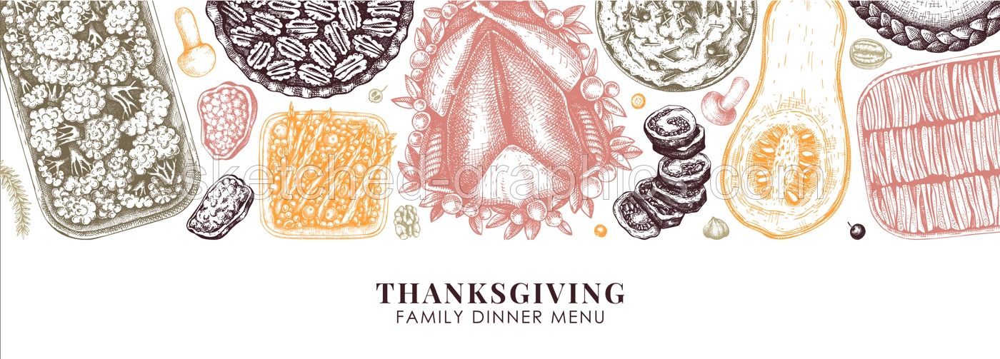 Thanksgiving food banner design in color. With roasted turkey, cooked vegetables, rolled meat, baking cakes and pies sketches. Vintage autumn food template. Vector Thanksgiving day background. Illustration